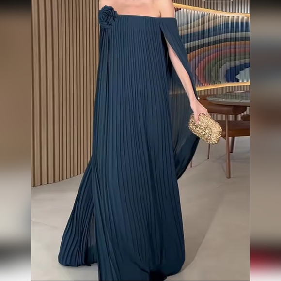 Chic Off-Shoulder Pleated Dress with Floral Accent - Picture 1 of 4